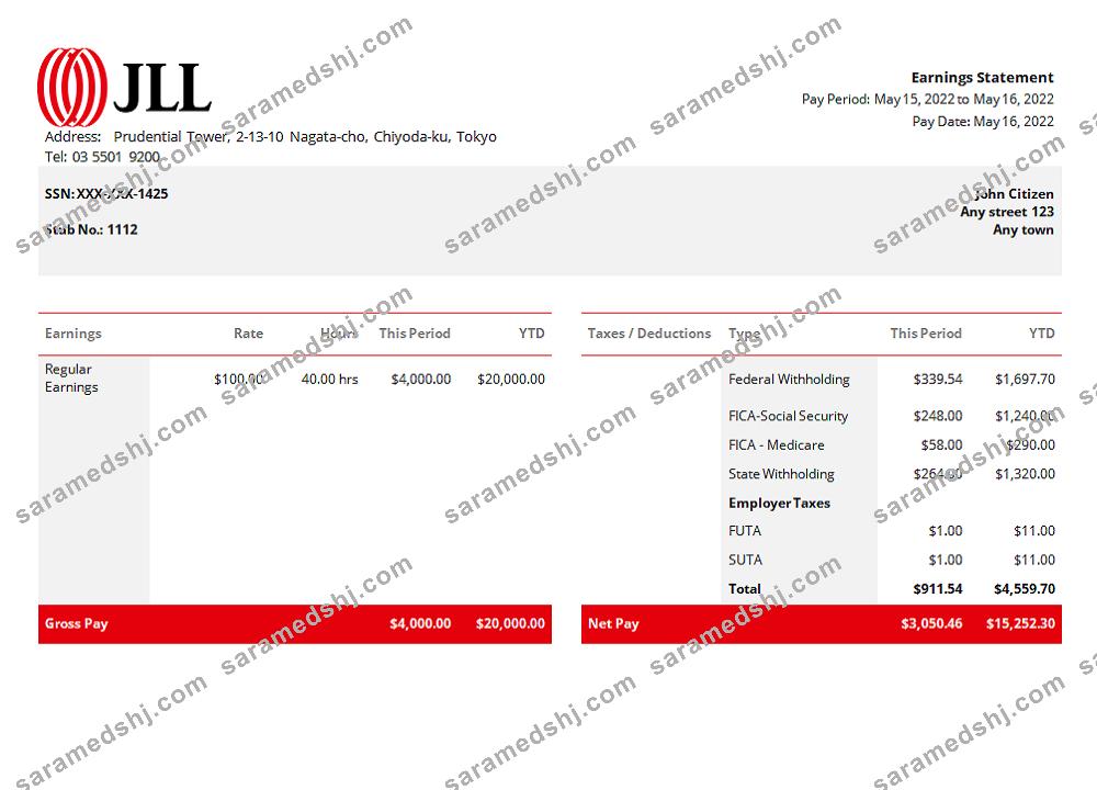 USA JLL real estate company pay stub Word